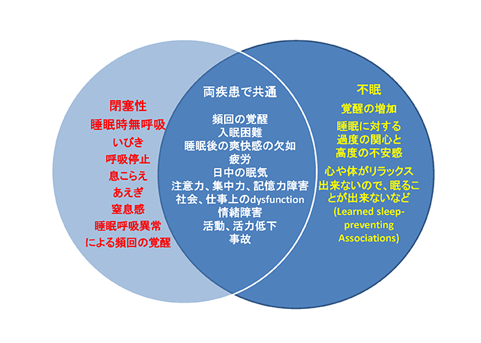 図1. 閉塞性睡眠時無呼吸と不眠に関連する症状と臨床学的因子の相互関連（文献8より引用改変）